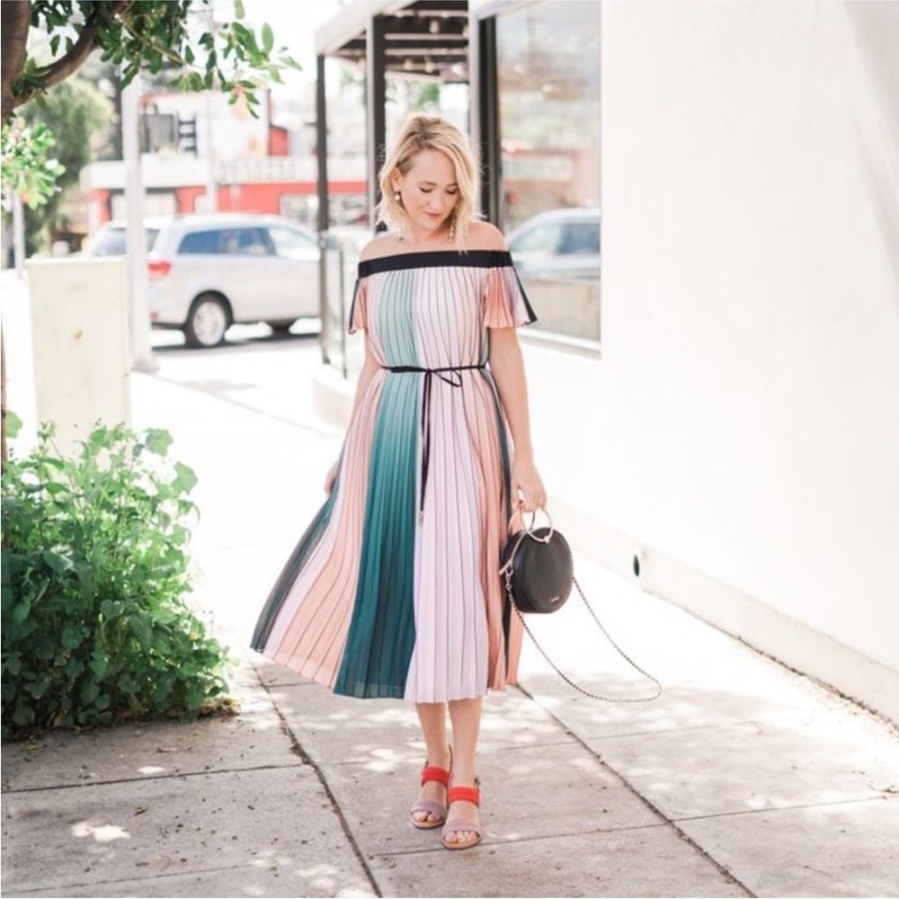 Ted Baker Peachy Green Ombré Pleated Off the Shoulder Dress Size 0